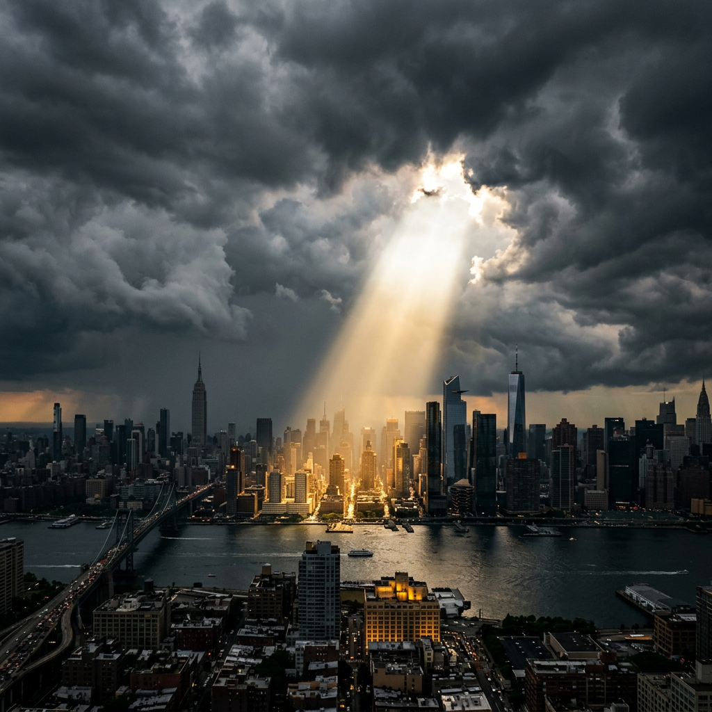 Sunlight beam breaking through heavy clouds and shining on New York City buildings